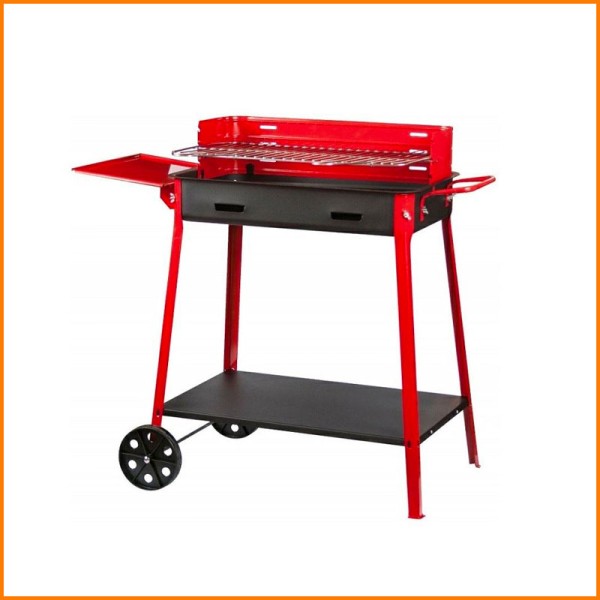 FD Barbecue Con Ruote E Piano D'Appoggio Laterale Colore Rosso 40X60X85H Cm
