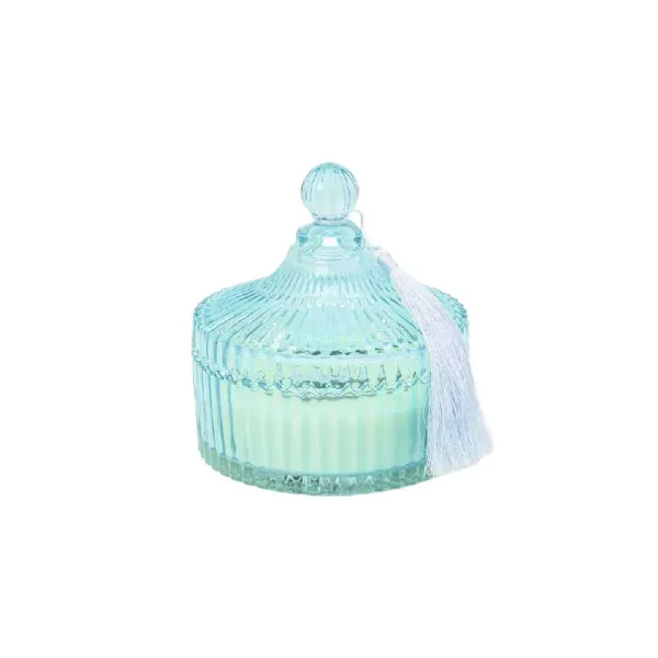 De Luca Collection Candela In Vetro Rigato Con Coperchio Diametro 14x16h Cm Colore Turchese