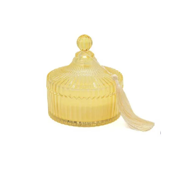 De Luca Collection Candela In Vetro Rigato Con Coperchio Diametro 14x16h Cm Colore Giallo