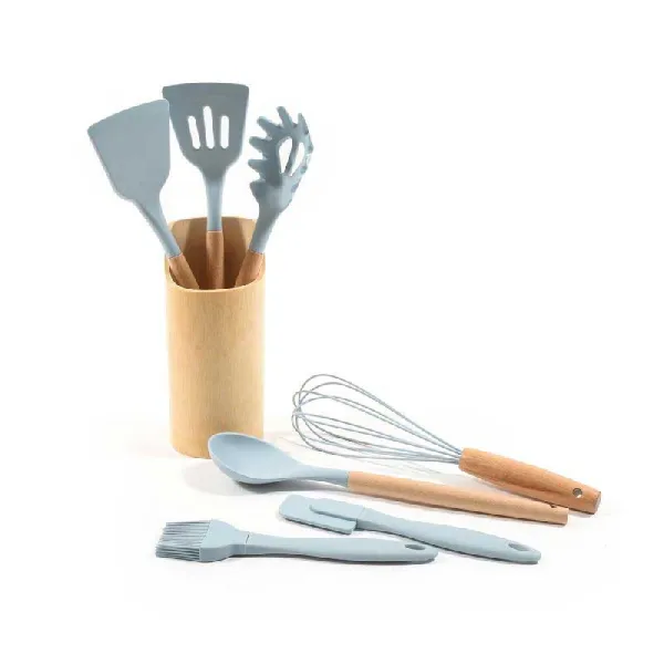 Mercury Set Di 7 Mestoli In Silicone Con Manico In Legno Colore Azzurro