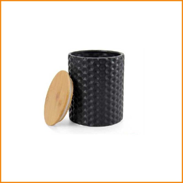 BARATTOLO CILINDRICO NERO CON TAPPO IN BAMBO D.13X17H CM