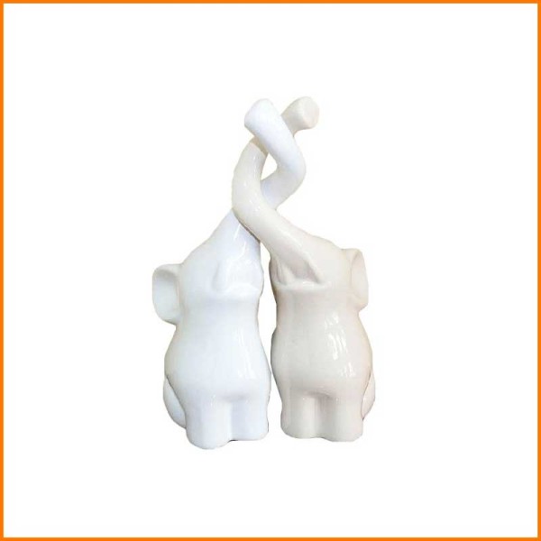 STATUA COPPIA ELEFANTI BIANCA E TORTORA IN CERAMICA 11,5X6,5X15H CM