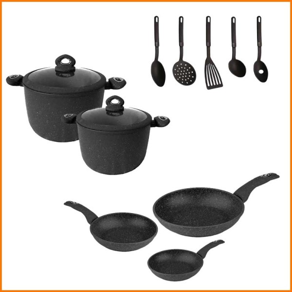 SET 12 PZ BATTERIA GRAN PIERRE 3 PADELLE/ 2 CASSERUOLE/ 2 COPERCHI/ 5 MESTOLI