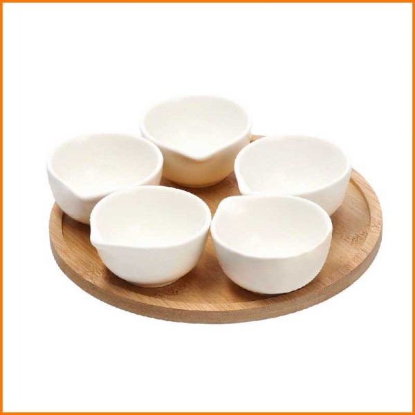 ANTIPASTIERA CON 5 CIOTOLINE IN CERAMICA CON VASSOIO IN BAMBOO