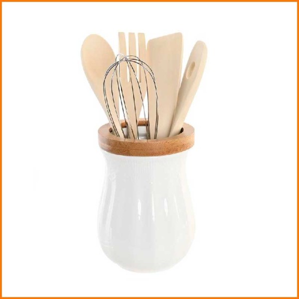 PORTAUTENSILI BAMBO WHITE CON 6 UTENSILI D.10,5X15,5H CM