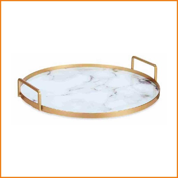 VASSOIO CON MANICI IN VETRO EFFETTO MARMO BIANCO D.25 CM