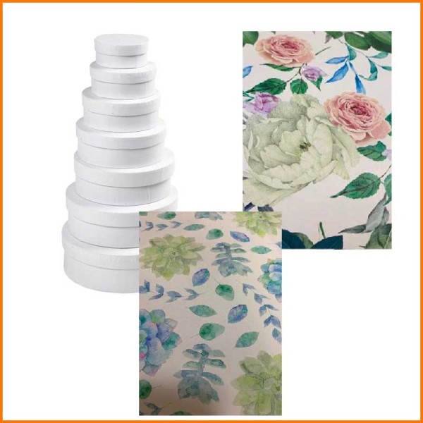 SET 10 SCATOLE IN CARTA ROTONDE CON DECORO FIORI