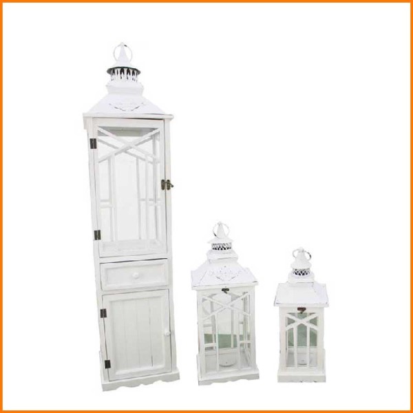 SET 3PZ LANTERNE IN LEGNO BIANCO CON CASSETTO E ANTA 32X132H / 34X62H / 17X41H CM