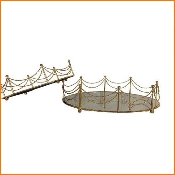 SET 2PZ VASSOIO TONDO IN METALLO DORATO CON BASE SPECCHIO D.20/25 CM