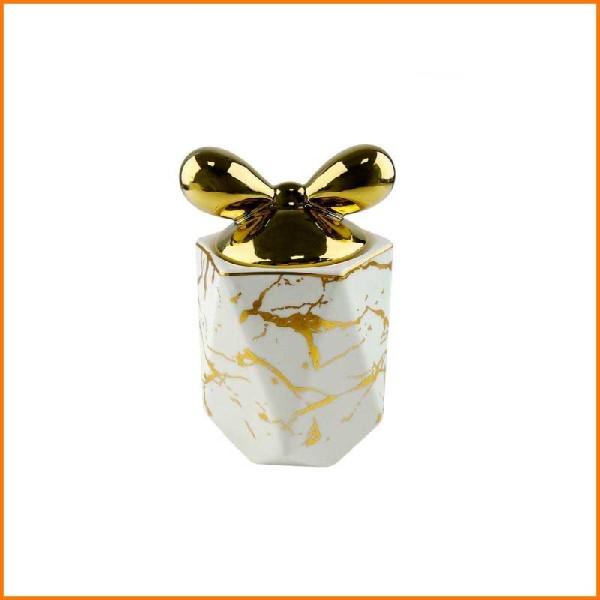 BISCOTTIERA MARMORIZZATA CON TAPPO FIOCCO BIANCA E ORO D.15X20H CM