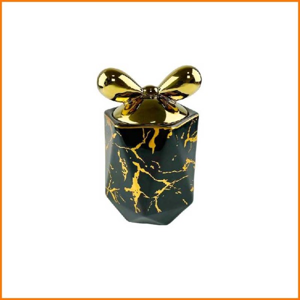 BISCOTTIERA MARMORIZZATA CON TAPPO FIOCCO NERA E ORO D.15X20H CM