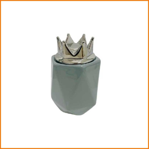 BISCOTTIERA GRIGIO PORCELLANA CON TAPPO CORONA ARGENTO D.15X20H CM