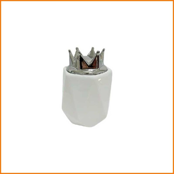 BISCOTTIERA BIANCO PORCELLANA CON TAPPO CORONA ARGENTO D.15X20H CM