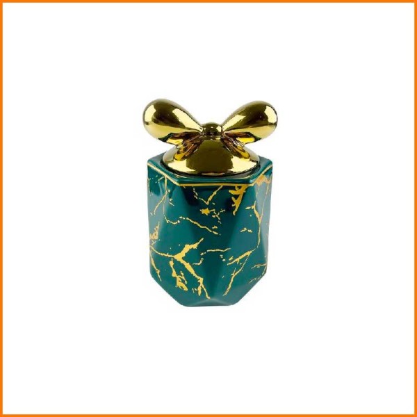 BARATTOLO MARMORIZZATO CON TAPPO FIOCCO OTTANIO E ORO D.11X14H CM