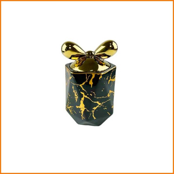 BARATTOLO MARMORIZZATO CON TAPPO FIOCCO NERO E ORO D.11X14H CM