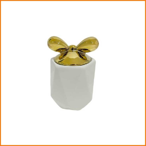 BARATTOLO BIANCO PORCELLANA CON TAPPO FIOCCO ORO D.11X14H CM