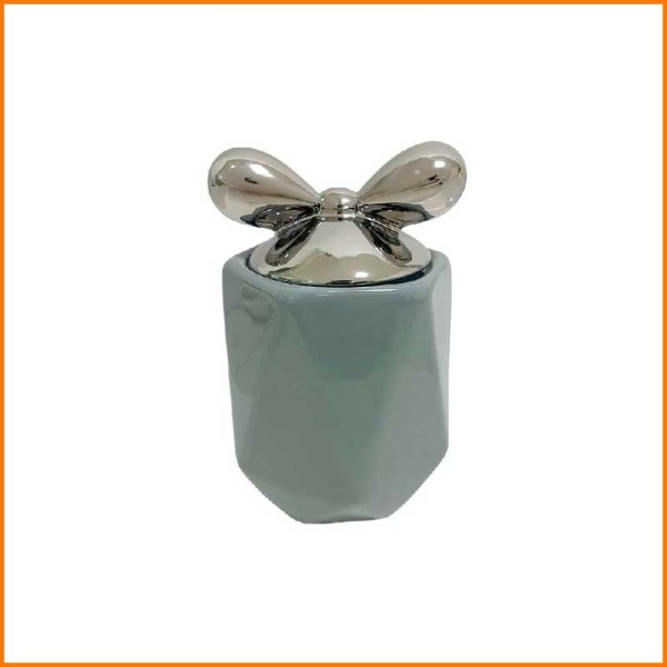 BARATTOLO GRIGIO PORCELLANA CON TAPPO FIOCCO ARGENTO D.11X14H CM