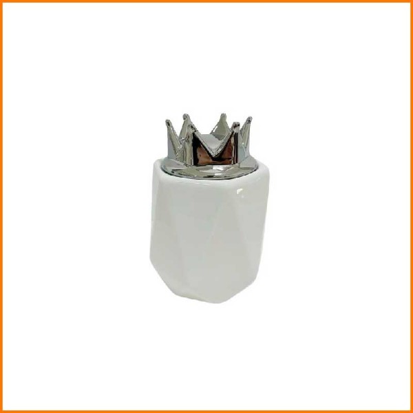 BARATTOLO BIANCO PORCELLANA CON TAPPO CORONA ARGENTO D.11X14H CM