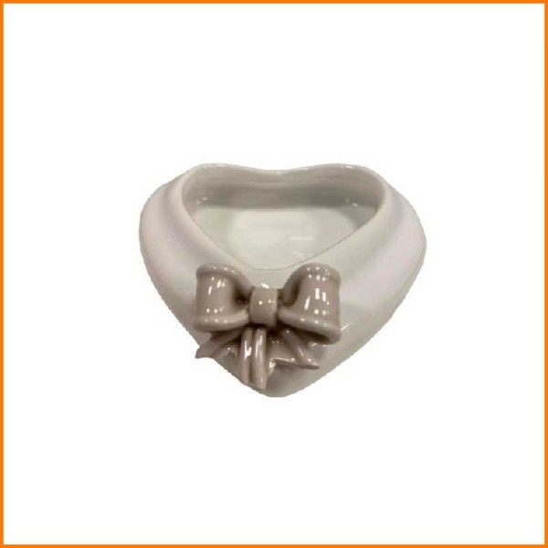 PIATTINO CUORE RACCOGLIGOCCIA BIANCO CON FIOCCO TORTORA  7X7X2H CM