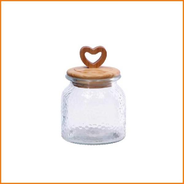 BARATTOLO IN VETRO CON COPERCHIO IN LEGNO E POMELLO A CUORE D.11X15,5H CM