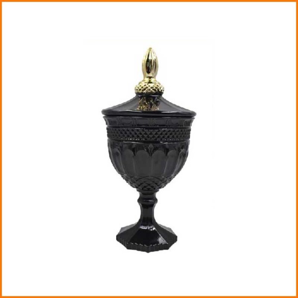 CANDELA IN VETRO NERA CON POMELLO ORO D.12X24H CM