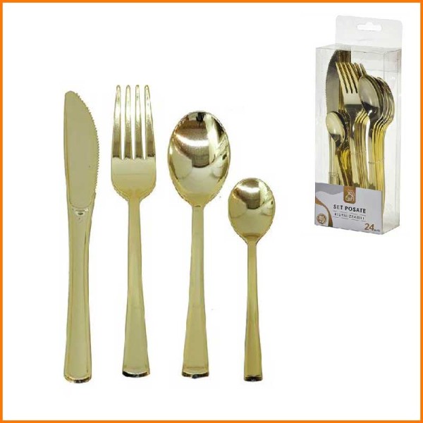 SET 24 POSATE RIUTILIZZABILI ORO CON GLITTER
