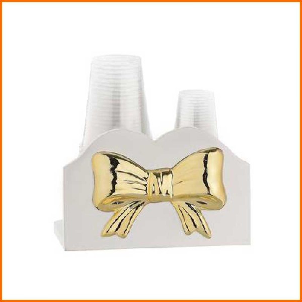 PORTABICCHIERI FIOCCO IN LEGNO E CERAMICA BIANCO/ORO