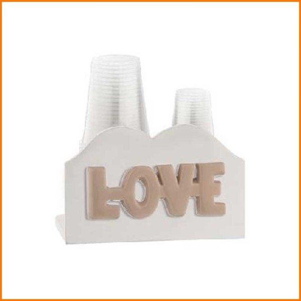 PORTABICCHIERI LOVE IN LEGNO E CERAMICA BIANCO/TORTORA