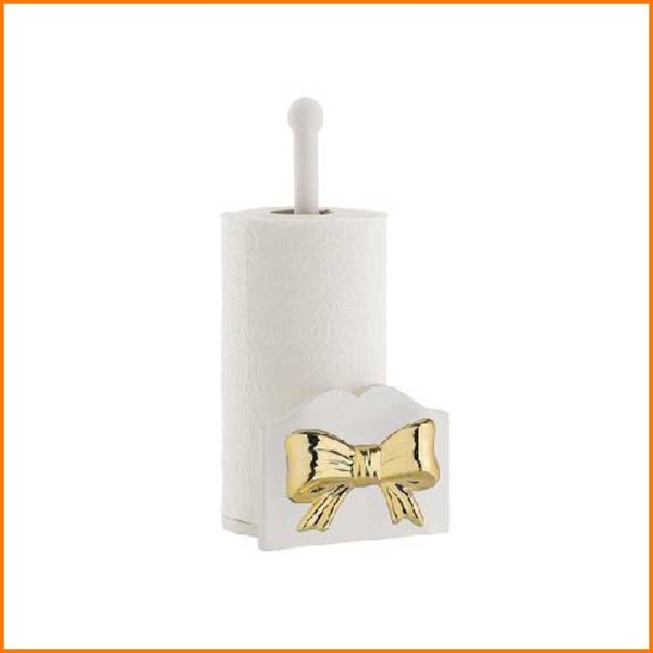 PORTAROTOLO FIOCCO IN LEGNO E CERAMICA BIANCO/ORO